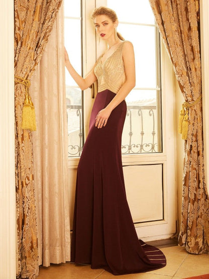 Sheath/Column Straps Sleeveless Beading Sweep/Brush Train Jersey Dresses