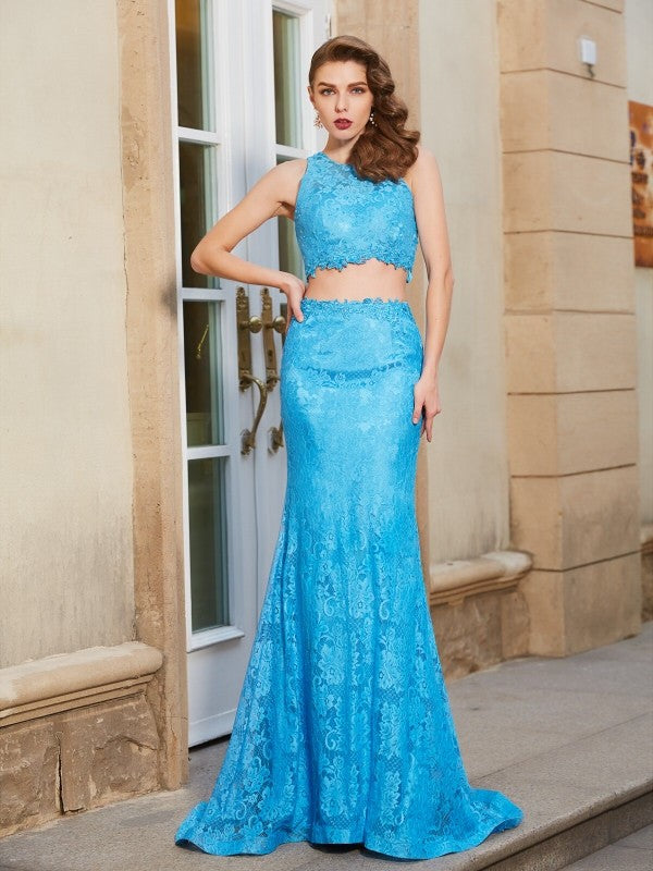 Sheath/Column Scoop Sleeveless Sweep/Brush Train Lace Two Piece Dresses