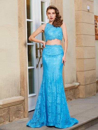 Sheath/Column Scoop Sleeveless Sweep/Brush Train Lace Two Piece Dresses