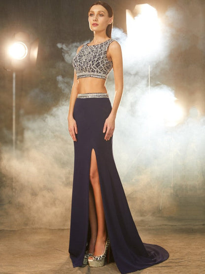 Sheath/Column Bateau Sleeveless Sweep/Brush Train Beading Woven Satin Two Piece Dresses