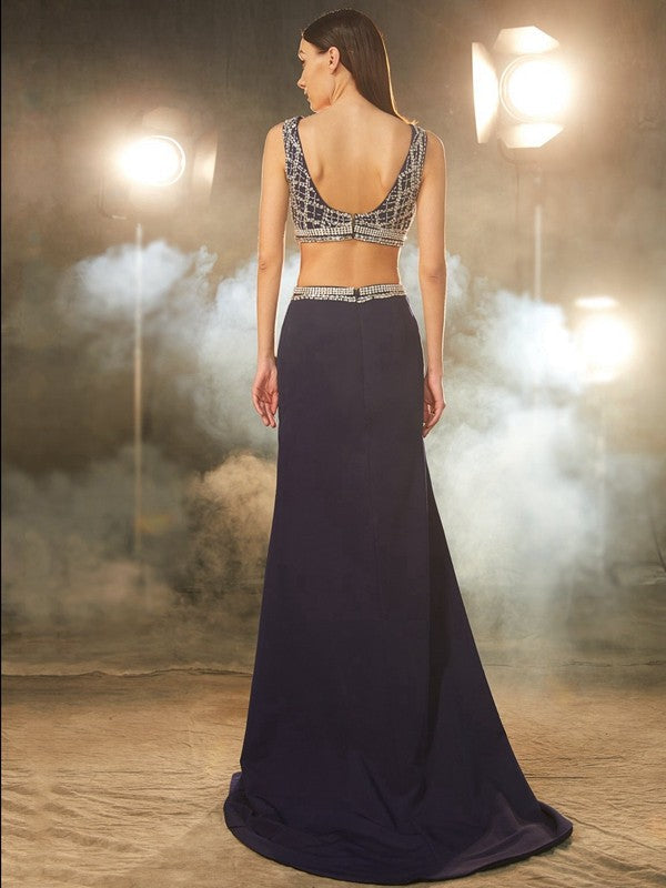Sheath/Column Bateau Sleeveless Sweep/Brush Train Beading Woven Satin Two Piece Dresses