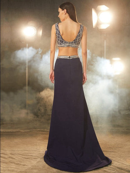 Sheath/Column Bateau Sleeveless Sweep/Brush Train Beading Woven Satin Two Piece Dresses