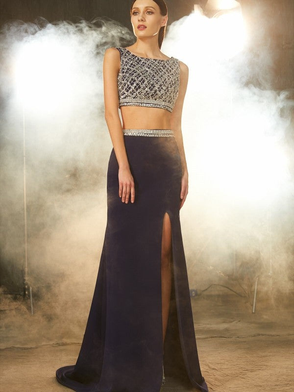 Sheath/Column Bateau Sleeveless Sweep/Brush Train Beading Woven Satin Two Piece Dresses