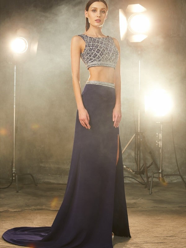 Sheath/Column Bateau Sleeveless Sweep/Brush Train Beading Woven Satin Two Piece Dresses