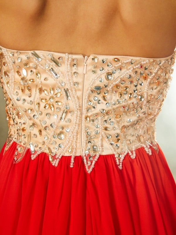 A-Line/Princess Strapless Beading Sleeveless Chiffon Sweep/Brush Train Dresses