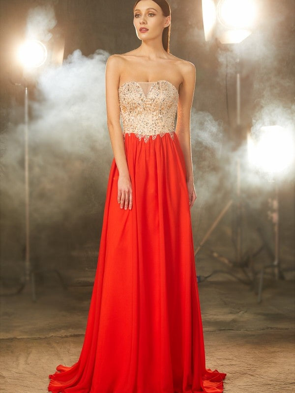 A-Line/Princess Strapless Beading Sleeveless Chiffon Sweep/Brush Train Dresses