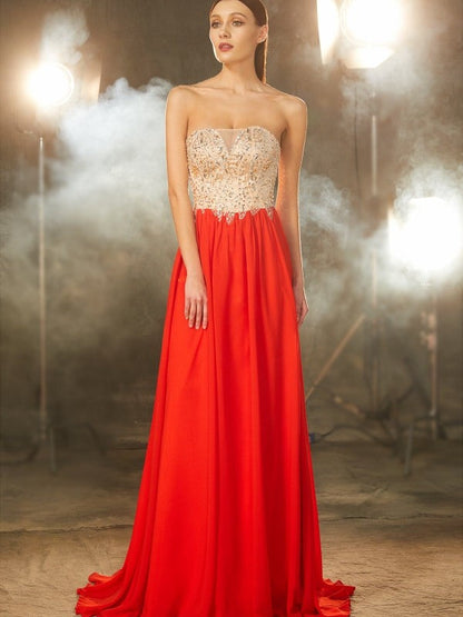 A-Line/Princess Strapless Beading Sleeveless Chiffon Sweep/Brush Train Dresses