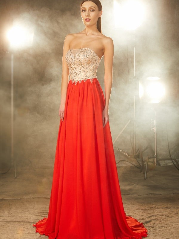 A-Line/Princess Strapless Beading Sleeveless Chiffon Sweep/Brush Train Dresses