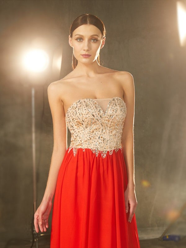 A-Line/Princess Strapless Beading Sleeveless Chiffon Sweep/Brush Train Dresses
