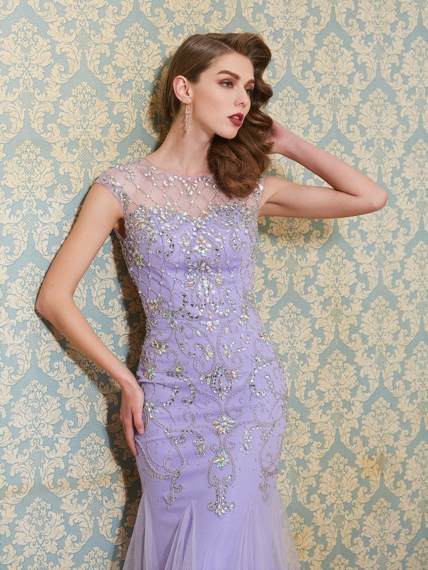 Trumpet/Mermaid Scoop Sleeveless Beading Floor-length Tulle Dresses