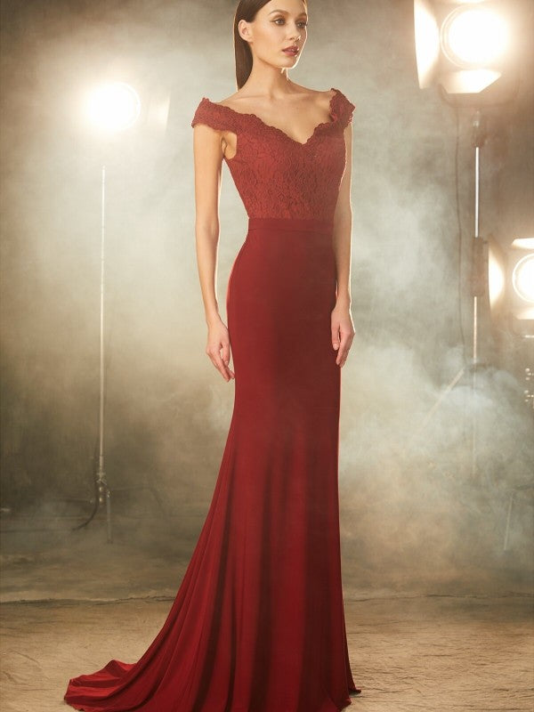 Trumpet/Mermaid Off-the-Shoulder Sleeveless Lace Spandex Sweep/Brush Train Dresses
