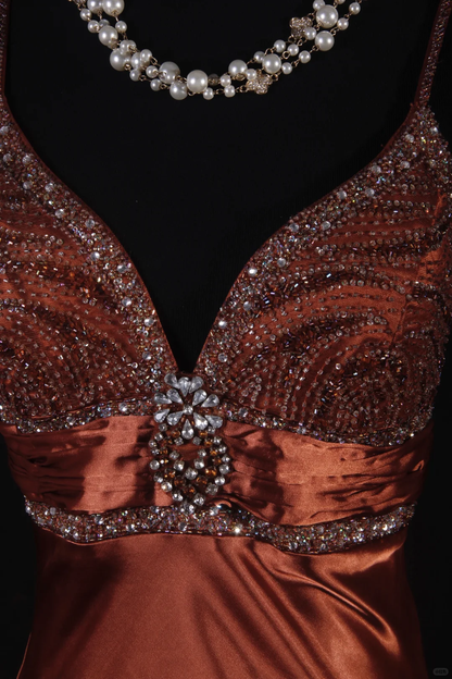 Elegant Caramel Satin Deep V-Neck Beaded Evening Gown TP5414