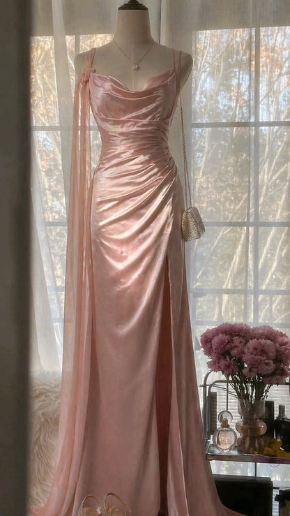 Glamorous Pink Satin Cowl Neck Mermaid Ruched Slit Long Evening Gown TP5871