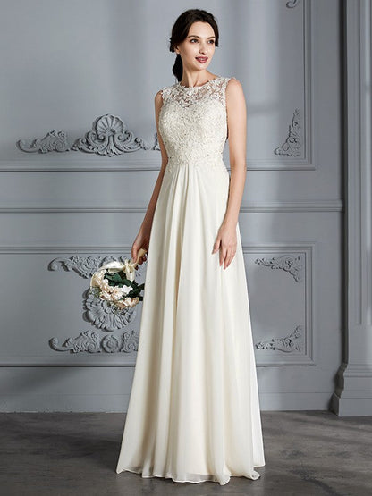 A-Line/Princess Scoop Chiffon Sleeveless Floor-Length Wedding Dresses
