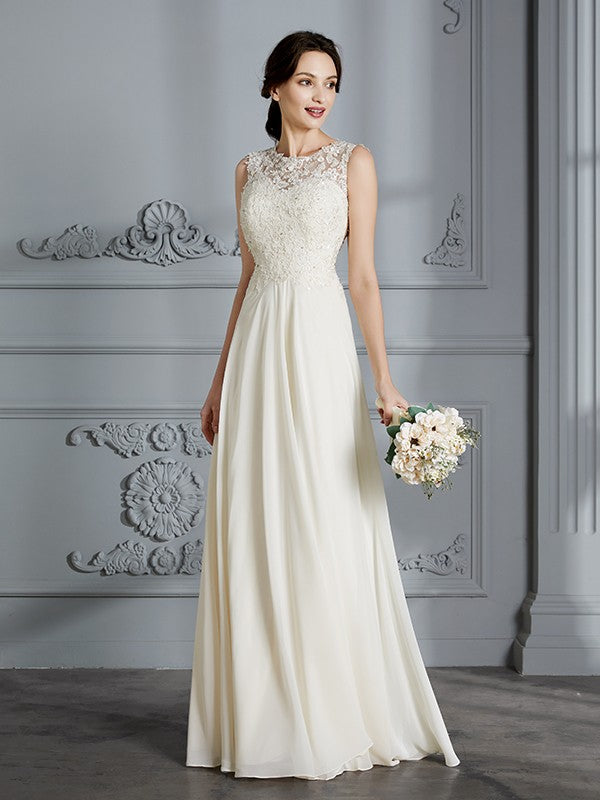 A-Line/Princess Scoop Chiffon Sleeveless Floor-Length Wedding Dresses