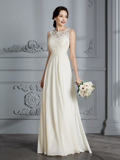 A-Line/Princess Scoop Chiffon Sleeveless Floor-Length Wedding Dresses