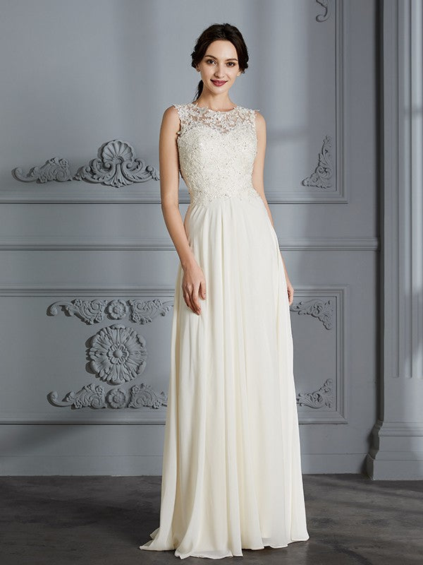 A-Line/Princess Scoop Chiffon Sleeveless Floor-Length Wedding Dresses