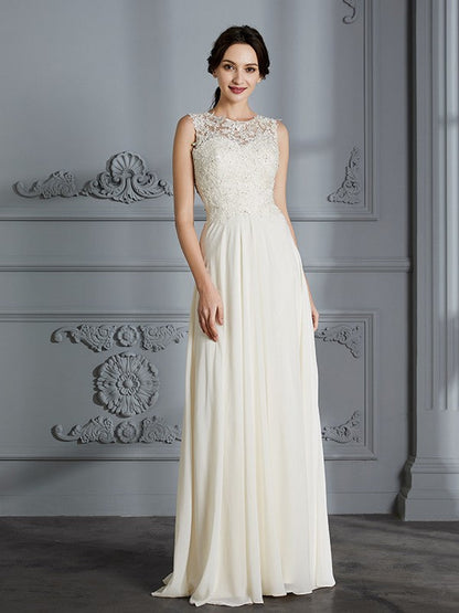 A-Line/Princess Scoop Chiffon Sleeveless Floor-Length Wedding Dresses