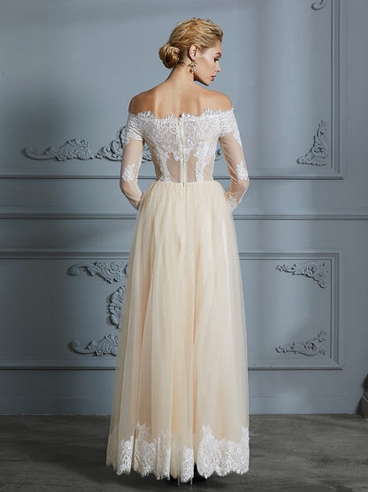 A-Line/Princess Off-the-Shoulder Long Sleeves Floor-Length Lace Tulle Wedding Dresses