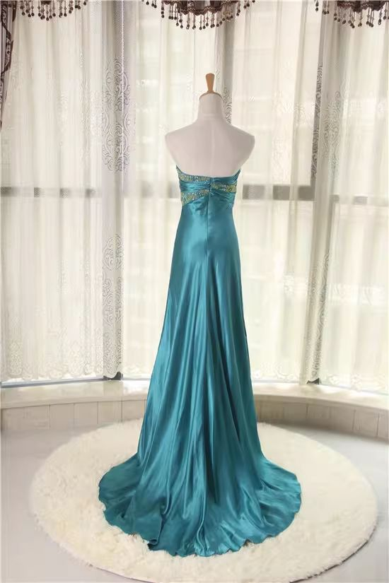 Vintage Strapless Teal Satin Beaded Mermaid Long Party Dress Birthday Prom Dress SP1689