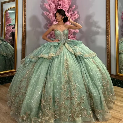 Charming Green Tulle Sequins Gold Appliques Ball Gown,Formal Quinceanera Dress  cc2626