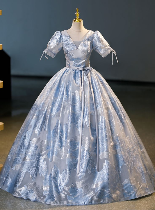Elegant Blue Satin Print Princess Quinceanera Dress A Line Ball Gown cc1699