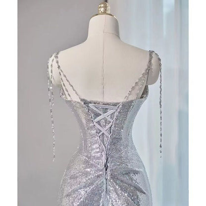 Elegant Silver Sequin Spaghetti Strap Mermaid Evening Gown TP5103