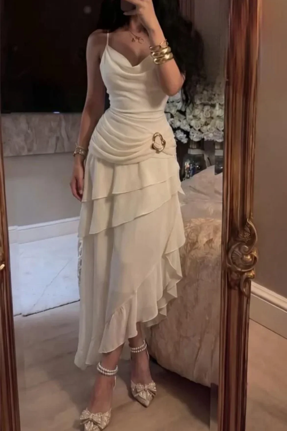 Ivory White Vintage Spaghetti Strap Long Chiffon prom dress Evening Dress Party Dress gh3374