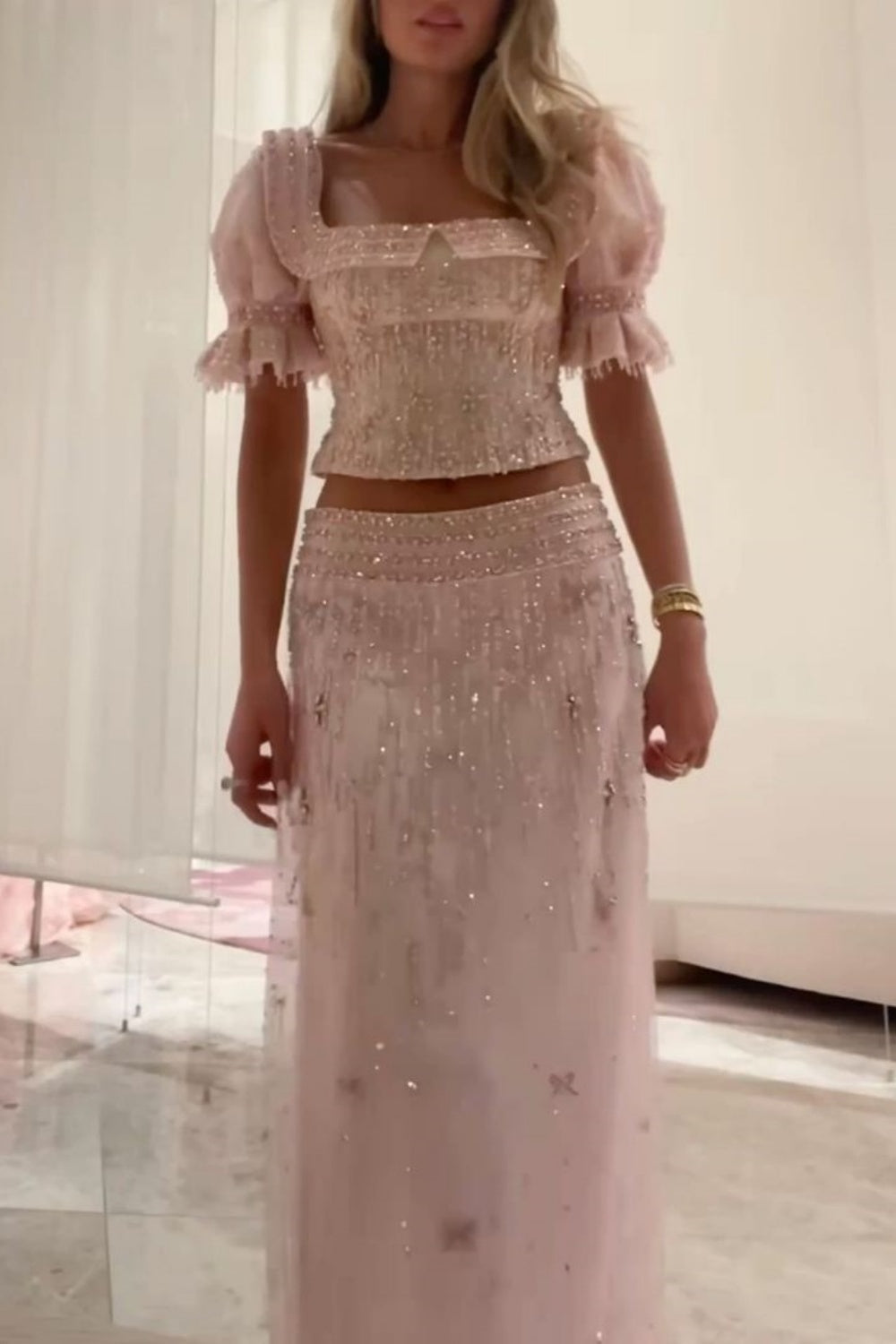 Short-Sleeve Pink Tulle Beaded Two-Piece Gown | Sweet Luxury Square Neck Cutout Maxi Dress for Gala Gathering gh6465