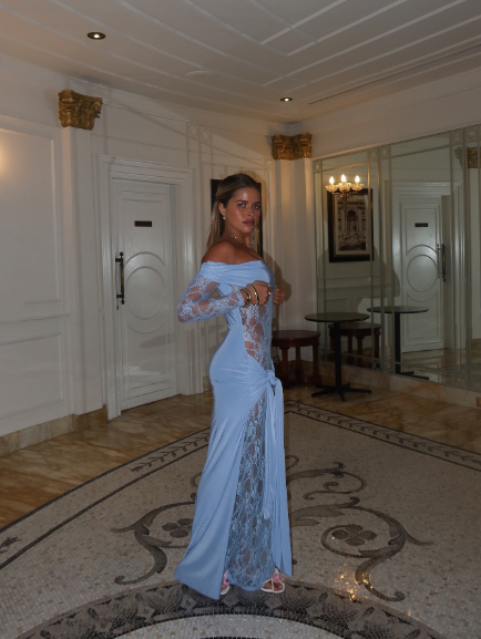 Charming Off The Shoulder Blue Lace Satin Mermaid Long Party Dress Birthday Prom Gown SP1343