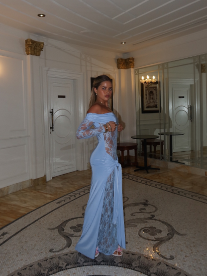 Charming Off The Shoulder Blue Lace Satin Mermaid Long Party Dress Birthday Prom Gown SP1343