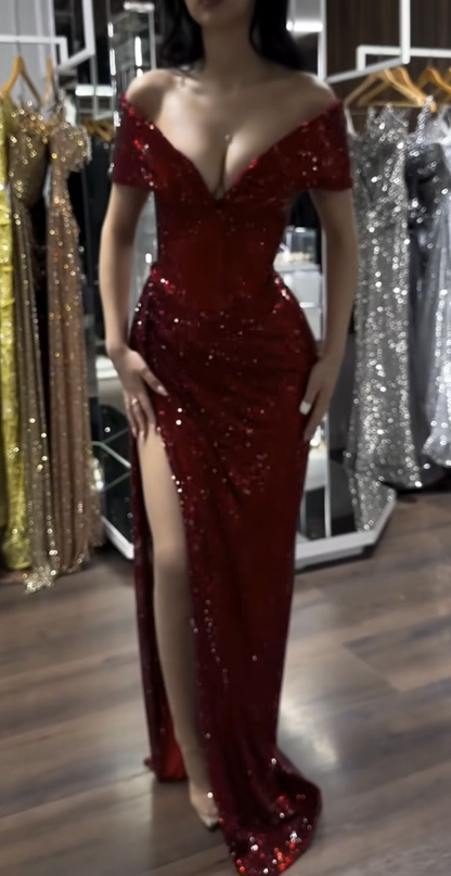 Sexy Off The Shoulder Sequin Evening Dress Burgundy Slit Party Gown