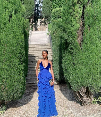 Blue v-neck low-cut hem ruffled slim long chiffon ball gown evening dress party dress gh3037