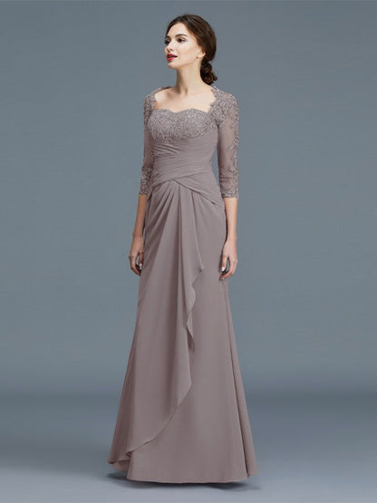 Sheath/Column 3/4 Sleeves Sweetheart Ruffles Chiffon Floor-Length Mother of the Bride Dresses