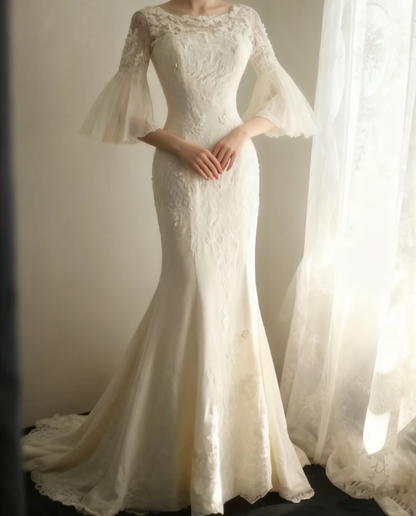 Vintage Lace Mermaid Wedding Dress with Bell Sleeves & Chapel Train TP5635