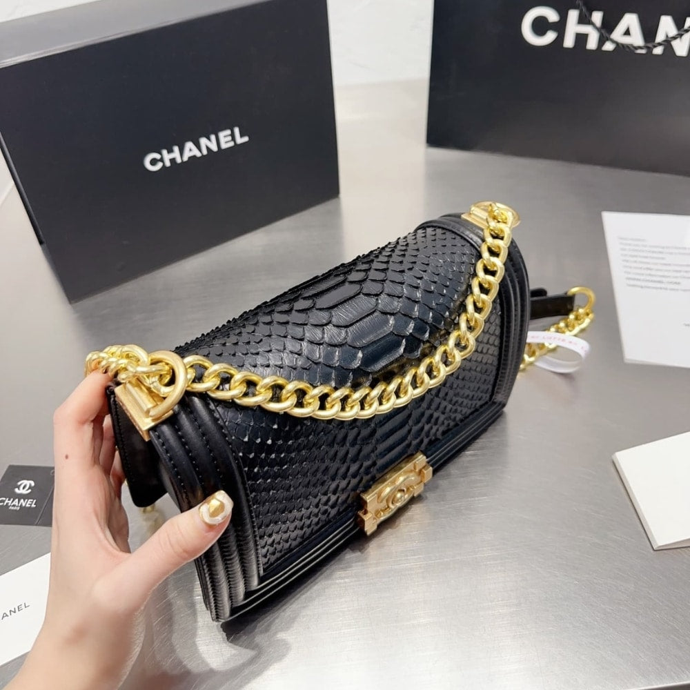 Chanel Boy Flap Bag Snake Leather Black 25Cm