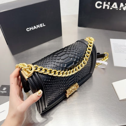 Chanel Boy Flap Bag Snake Leather Black 25Cm