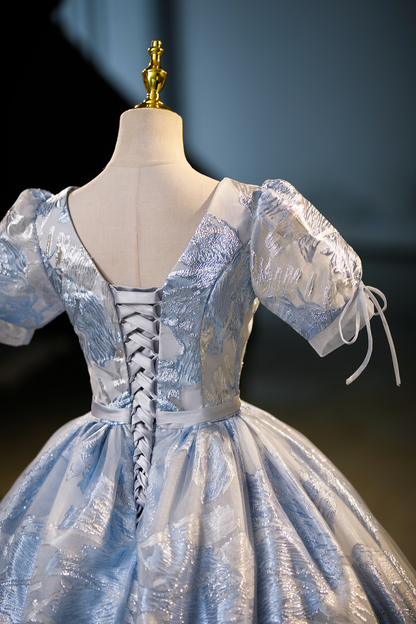 Elegant Blue Satin Print Princess Quinceanera Dress A Line Ball Gown cc1699