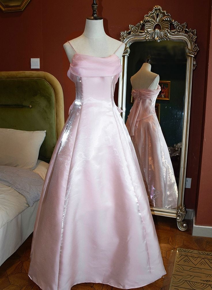 Vintage Satin A-Line Prom Dress Spaghetti Straps Evening Gown TP5803