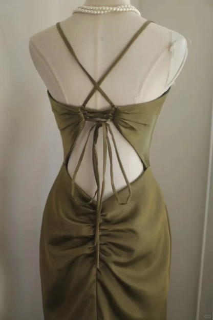 Elegant Olive Green Satin Mermaid Evening Gown Spaghetti Strap V-Neck Prom Dress TP5639