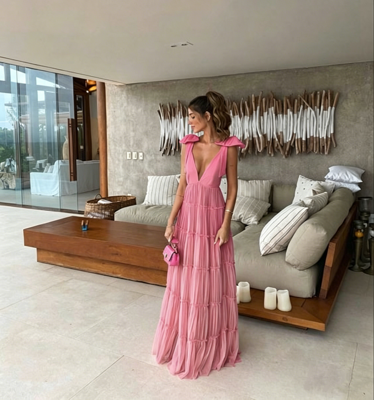 Vintage Hot Pink V-neck Prom Dress Long Pleated Evening Dress A-Line Backless Formal Dress TP4591