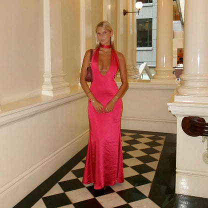 Halter Backless Sheath Satin Prom Dress Long Party Evening Gown cc2345