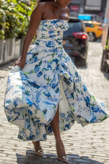 girlhomeshops-Blue And White Floral Long Satin Chiffon Ball Gown Graduation Dress gh5927