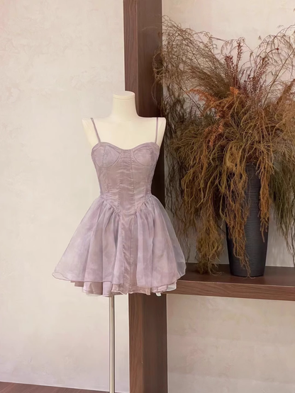 Vintage Light Purple Spaghetti Strap A-line Tulle Short Party Dress Homecoming Dresses TP3925
