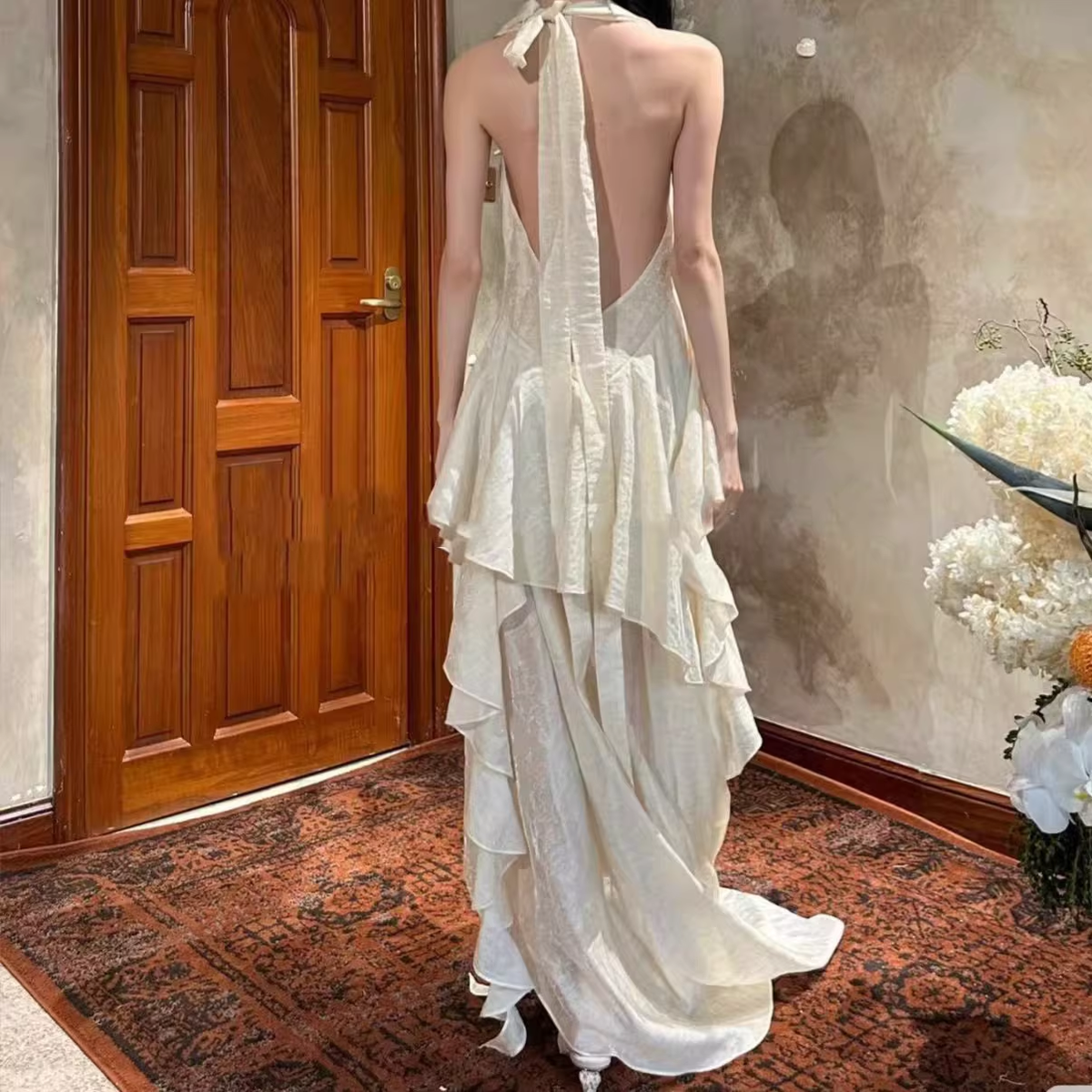 Romantic Halter Neck Draped Asymmetrical Ruffled Prom Dress TP5706