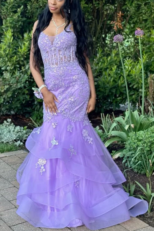 girlhomeshops-Purple Floral Fishtail Long Mermaid Slim Graduation Dress Prom Dress gh5861