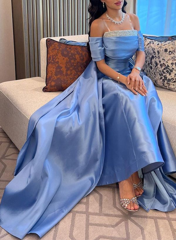 Elegant Blue Off-the-Shoulder Mermaid Beaded Evening Gown TP5732