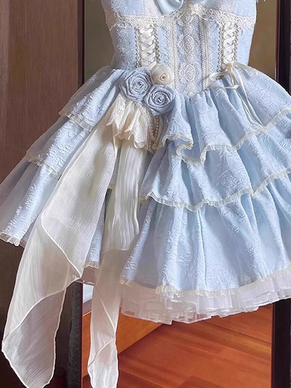 Cute Ball Gown Straps Floral Lace Party Dresses Blue Birthday Outfits With Flowers