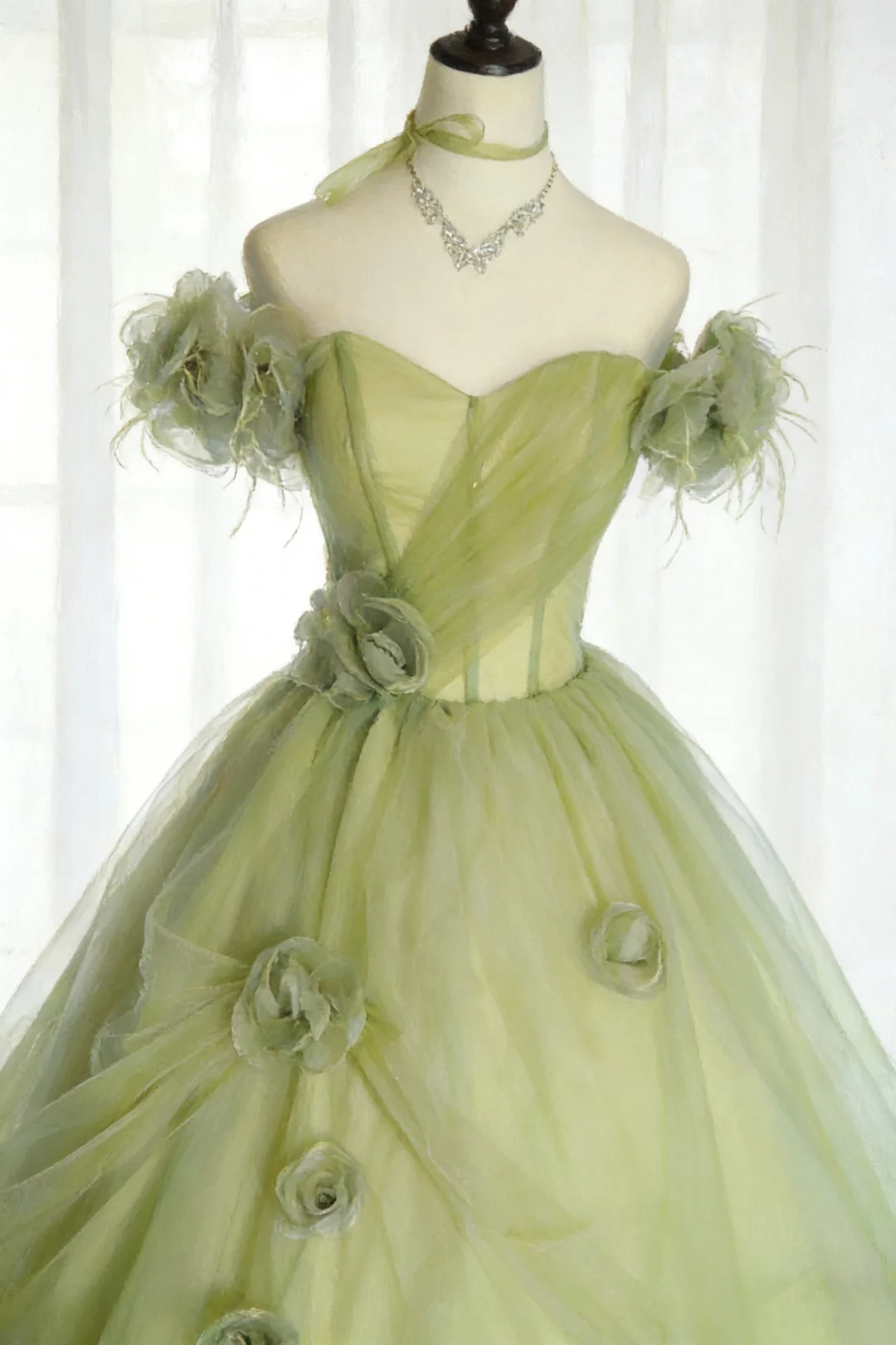 Pretty Quinceanera Dress Off The Shoulder Green Tulle 3D Flowers Ball Gown Sweet 16 Dress SP2031
