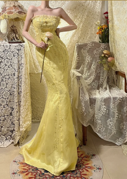 Sweet Strapless Yellow Tulle Satin Beaded Mermaid Long Prom Dress Birthday Party Gown